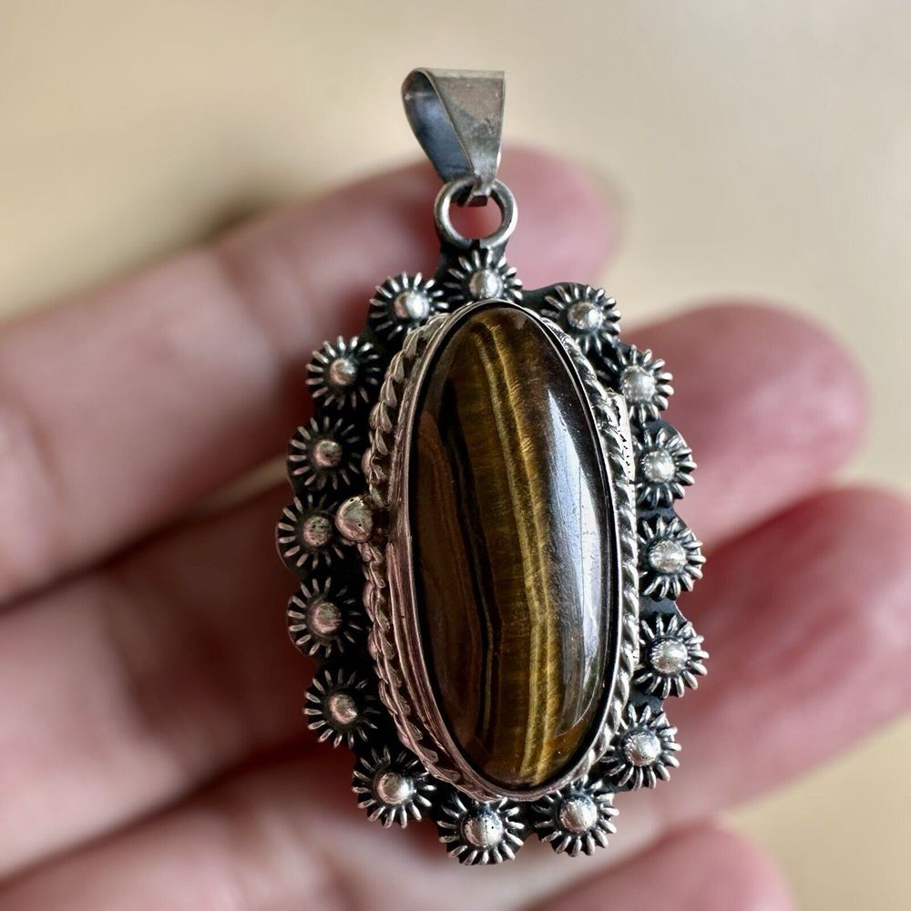 VTG‎ Taxco Locket Pendant 2 Inch Tiger Quartz Sterling Silver 6.3g Rare Ornate